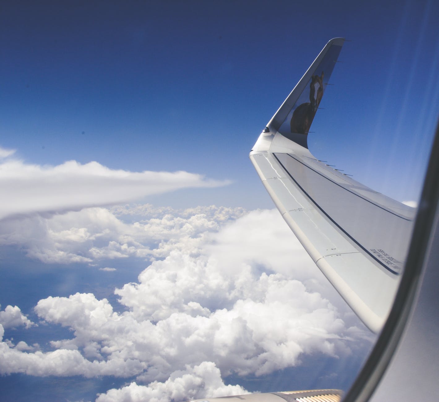 high angle photograph of airplane wings above the clouds under clear blue sky